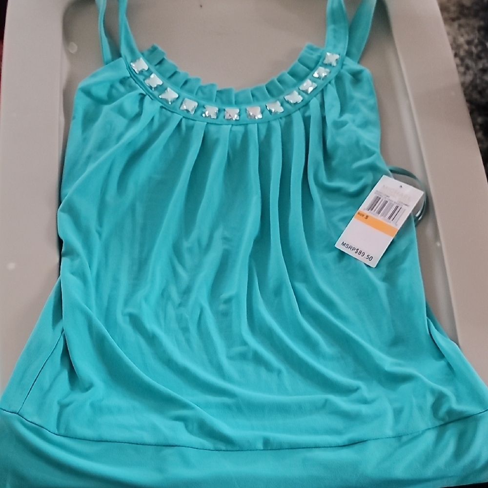 MICHAEL Michael Kors Blue Embellished Ruched Tank Top